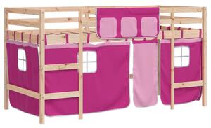 Pat etajat de copii cu perdele, roz, 90x200 cm, lemn masiv pin
