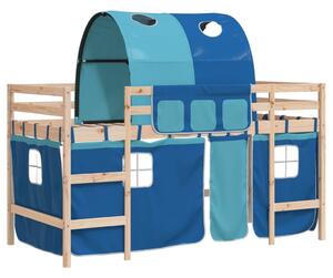 Pat etajat de copii cu tunel albastru 90x190 cm lemn masiv pin