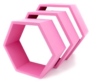 Set 3 rafturi de perete din lemn in forma hexagonala Carnival roz