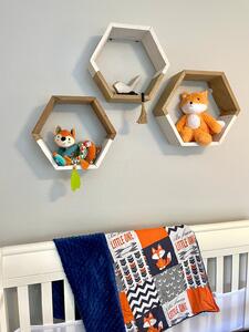 Set 3 rafturi de perete din lemn, in forma hexagonala, cu prindere ascunsa, 2Face, nuc/alb, 37,5 x 32,5 x 9,5 cm