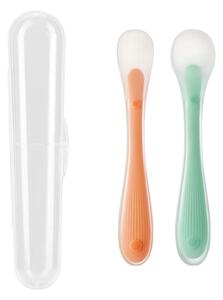 Set 2 lingurite bebe din silicon de dimensiuni diferite, fara BPA, ideala pentru diversificare 6+ luni, include cutie depozitare, Kidizi verde-orange