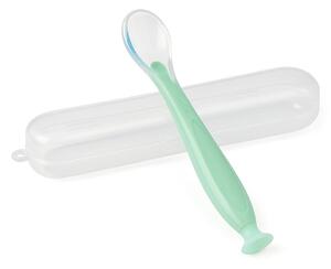 Lingurita bebe din silicon moale, cu ventuza la baza si cutie pentru depozitare Kidizi mint, 6 luni+, ideal inceput diversificare, fara BPA