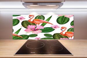Panou sticlă decorativa bucătărie Flamingos și plante