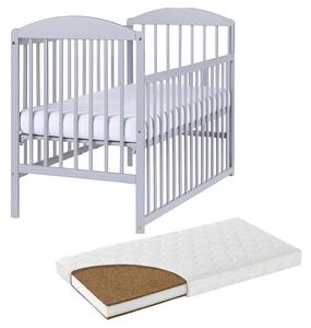 Patut din lemn masiv 120x60 cm Kidizi Orella gri cu laterala culisanta si saltea cocos LUX 120x60x12 cm, reglabil pe 3 nivele, certificat EN71