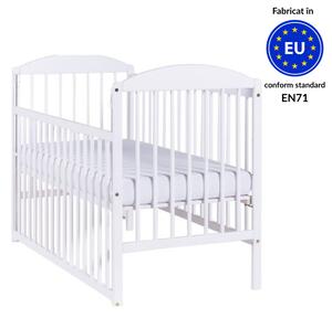 Patut din lemn masiv 120x60 cm Kidizi Orella alb cu laterala culisanta, reglabil pe 3 nivele, certificat EN71