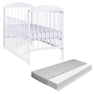 Patut din lemn masiv 120x60 cm Kidizi Orella alb cu laterala culisanta si saltea antialergica cu ventilatie Air 120x60x10 cm, reglabil pe 3 nivele, certificat EN71
