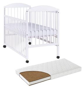 Patut din lemn masiv 120x60 cm Kidizi Orella alb cu laterala culisanta, roti si saltea cocos LUX 120x60x12 cm, reglabil pe 3 nivele, certificat EN71