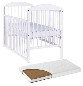 Patut din lemn masiv 120x60 cm Kidizi Orella alb cu laterala culisanta si saltea cocos LUX 120x60x12 cm, reglabil pe 3 nivele, certificat EN71