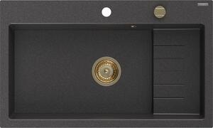 Mexen Omar, chiuveta granit cu 1 camera 800x480x210 mm, pete negre, sifon auriu, 6520801005-76-G