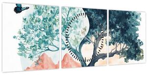 Tablou – Arbore acvarelă plin de viață (cu ceas) (90x30 cm)
