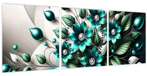 Tablou - Flori turcoaz 3D (cu ceas) (90x30 cm)