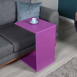 Masuta Cafea Laterala Adore C shape cu roti, Alb - Nuc - Stejar - Mov, 35x65x45 cm