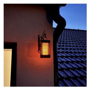 Lampa solara decorativa tip felinar, efect flacara, senzor crepuscular, LED alb cald, carcasa perforata, carlig suspendare, IP44
