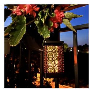 Lampa solara decorativa tip felinar, efect flacara, senzor crepuscular, LED alb cald, carcasa perforata, carlig suspendare, IP44