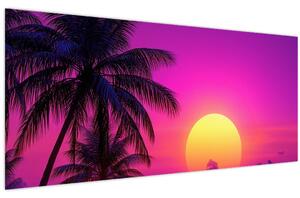 Tablou - Apus violet cu palmier (120x50 cm)