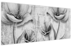 Tablou - Flori alb-negru pe fundal (120x50 cm)