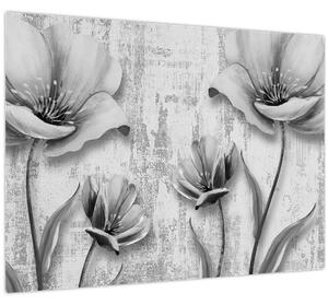 Tablou pe sticlă - Flori alb-negru pe fundal (70x50 cm)