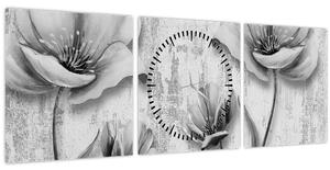 Tablou - Flori alb-negru pe fundal (cu ceas) (90x30 cm)