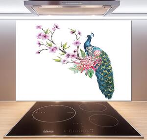 Panou sticlă decorativa bucătărie Peacock și flori