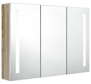 Dulap de baie cu oglindă și LED, alb și stejar, 89x14x62 cm