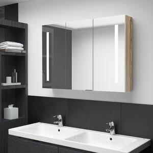 Dulap de baie cu oglindă și LED, alb și stejar, 89x14x62 cm