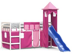 Pat etajat de copii cu turn, roz, 90x200 cm, lemn masiv pin