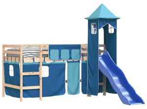Pat etajat de copii cu turn albastru 90x200 cm lemn masiv pin
