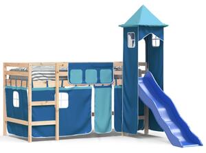 Pat etajat de copii cu turn albastru 90x190 cm lemn masiv pin