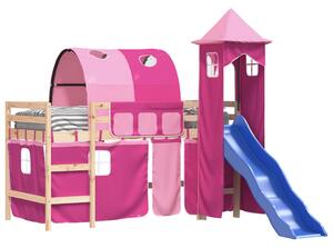 Pat etajat de copii cu turn, roz, 80x200 cm, lemn masiv pin