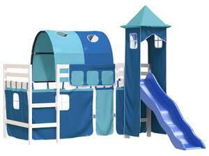 Pat etajat de copii cu turn albastru 90x200 cm lemn masiv pin