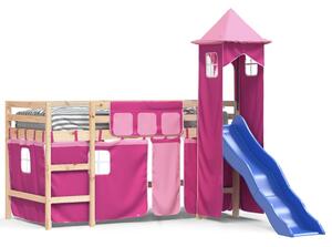 Pat etajat de copii cu turn, roz, 80x200 cm, lemn masiv pin