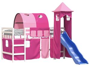 Pat etajat de copii cu turn, roz, 90x200 cm, lemn masiv pin