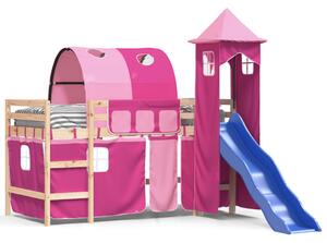 Pat etajat de copii cu turn, roz, 90x190 cm, lemn masiv pin