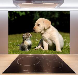 Sticlă pentru bucătărie Câine și pisică pe pajiște