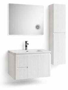 Set Mobilier Baie CAPPADOCIA Riflat 80 cm alb, oglinda 70 sau 80 cm cu LED, dezaburire si lupa, lavoar ceramic, soldat inclus. 70 CM