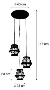 Lampă de suspendare orientală din bambus cu rotund negru cu 3 lumini - Evalin