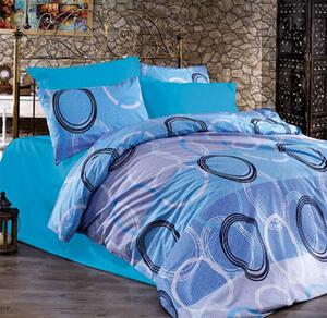 Lenjerie de pat pentru o persoana cu husa elastic pat si fata perna dreptunghiulara, Blue circles, bumbac ranforce, gramaj tesatura 120 g mp, multicolor