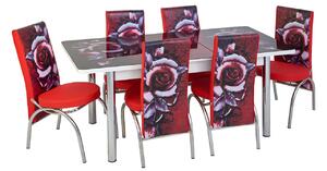 Set masă extensibilă Red Rose cu 6 scaune imprimate