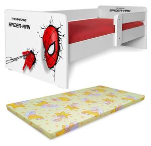 Pat copii Spiderman P1 2-12 ani cu saltea Basic, protectie laterala detasabila si lampa veghe