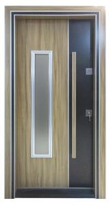 Usa metalica de exterior cu izolatie si vizor Novo Doors NDS1000S, Din compozit, 2 yale, Kit complet, Pentru case, (Culoare: Stejar Deschis, Geam: Sticla securizata, Sens deschidere: Stanga)