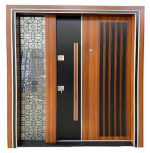 Usa metalica dubla de exterior cu izolatie si vizor Novo Doors NDS1000, Din compozit, 2 yale, Kit complet, Pentru case (Culoare: Nuc, Sens deschidere: Stanga)