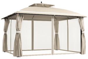 Outsunny Pavilion pentru Exterior cu Baldachin, Acoperiș Dublu, Plasă și Draperii, 370x303x290 cm, Bej | Aosom Romania