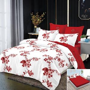 Lenjerie de pat, 2 persoane, finet, 6 piese, cu elastic, alb si rosu, cu flori rosii, LEL131