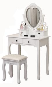 Set Amelia, Masă de toaletă pentru machiaj cu oglindă iluminată bandă LED, control touch, 4 sertare, scaun, Alb