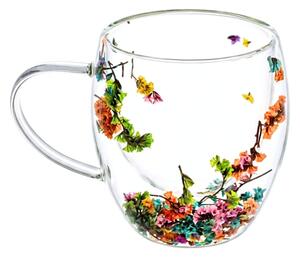 Cană cu inserție de flori uscate, limonium multicolor, pereți dubli, sticlă borosilicată, 250 ml, Aurora Bloom