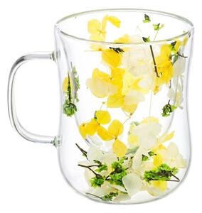 Cană cu inserție de flori uscate alb, galben și verde, hortensie și limonium, pereți dubli, sticlă borosilicată, 200 ml, Aurora Bloom