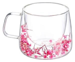 Cană cu inserție de flori uscate roz, floarea miresei, pereți dubli, sticlă borosilicată, 200 ml, Aurora Bloom
