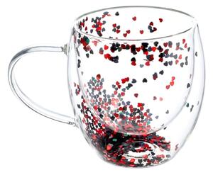 Cană cu inserție de confetti, inimioare roșii și gri, sticlă borosilicată, 250 ml, Aurora Glow