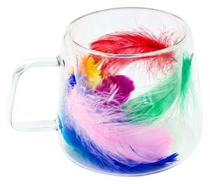 Cană cu inserție de pene multicolore, pereți dubli, sticlă borosilicată, 200 ml, Aurora Bloom