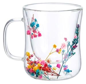Cană cu inserție de flori uscate multicolore, floarea miresei, pereți dubli, sticlă borosilicată, 200 ml, Aurora Bloom